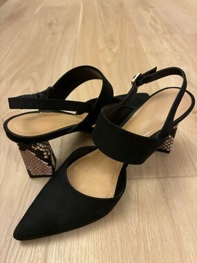 Black Pointed Toe Slingback Heels with Snake-Print Block Heel Gibson Latimer 6M